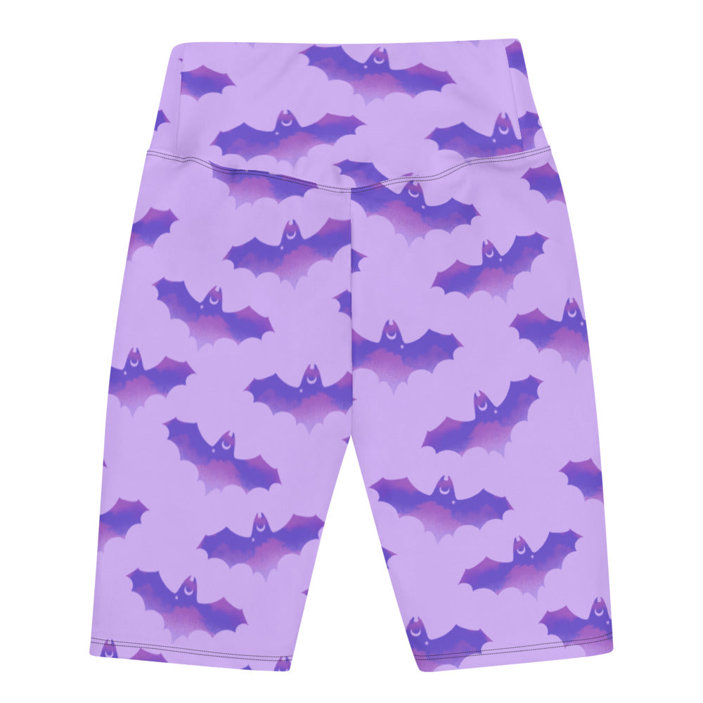 High-waisted Morrigan Biker Shorts feature a fun bat print, perfect for stylish workouts or casual outings.