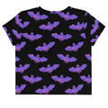 Stylish Morrigan Crop Top featuring a playful bat design, perfect for workouts or casual wear. Ideal for spooky fashion lovers.