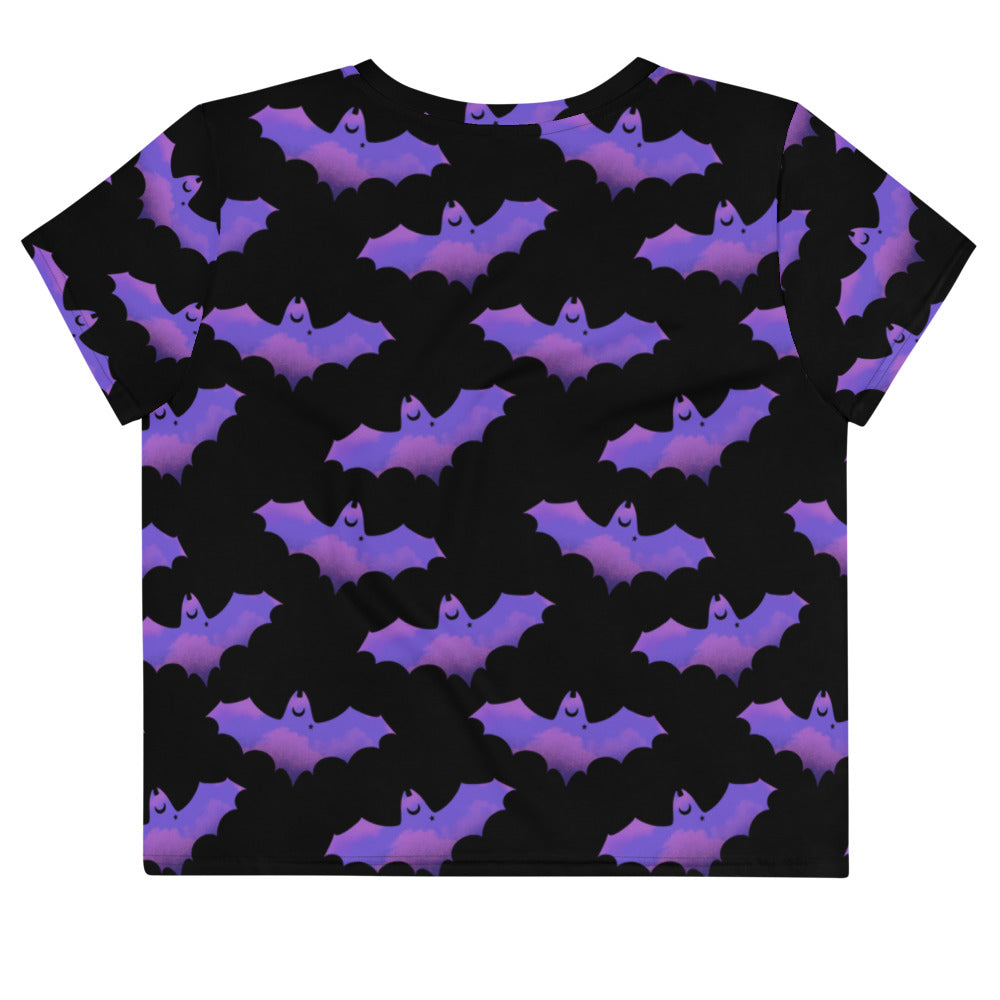 Stylish Morrigan Crop Top featuring a playful bat design, perfect for workouts or casual wear. Ideal for spooky fashion lovers.
