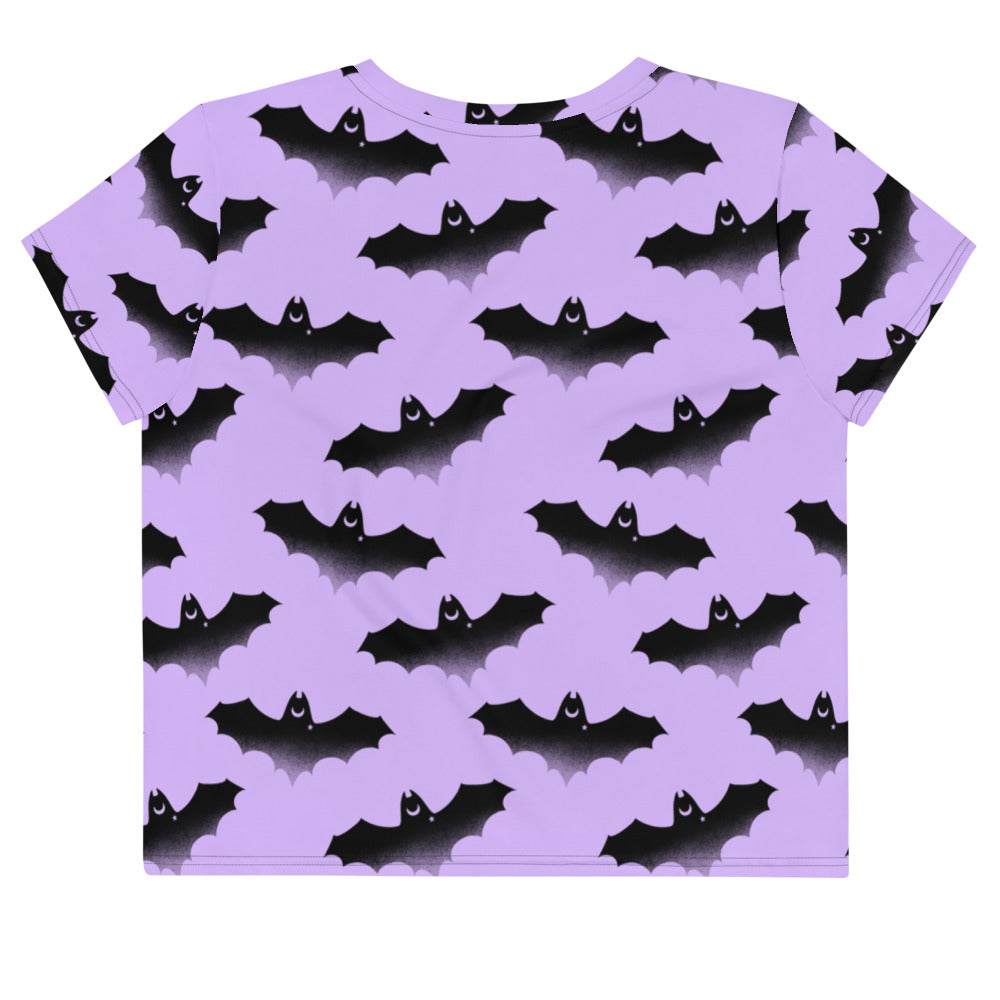Morrigan Crop Top featuring a playful bat pattern, perfect for workouts or everyday wear. Stylish and versatile choice!