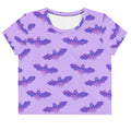 Morrigan Crop Top featuring a playful bat design, perfect for the gym or casual wear. Ideal wardrobe staple.