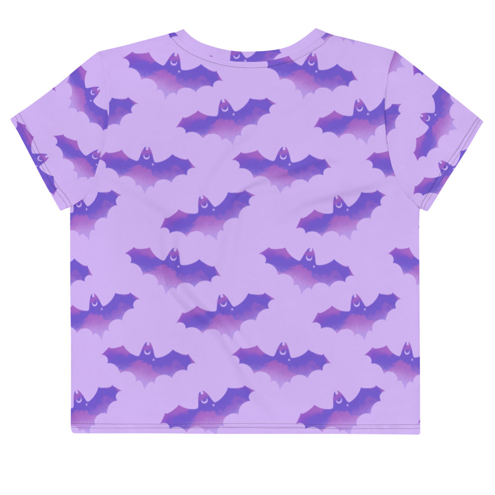 Morrigan Crop Top features a playful bat design, perfect for gym and casual wear. A stylish addition to any wardrobe.