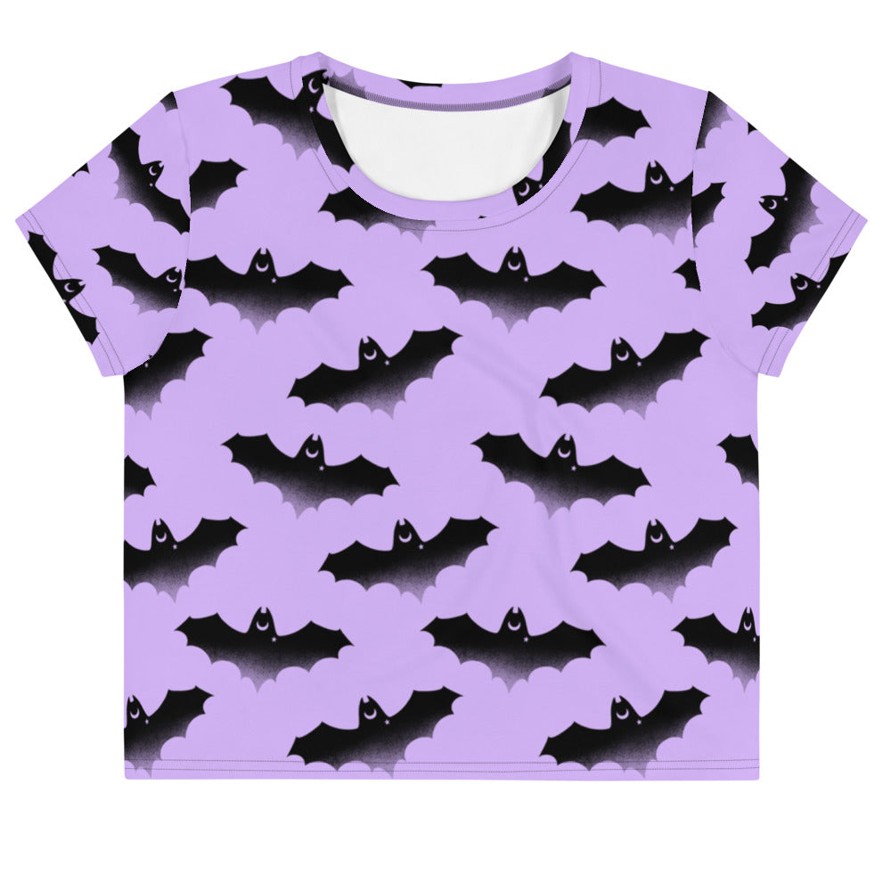 Morrigan Crop Top featuring a playful bat pattern, perfect for gym wear or everyday style at your favorite store.