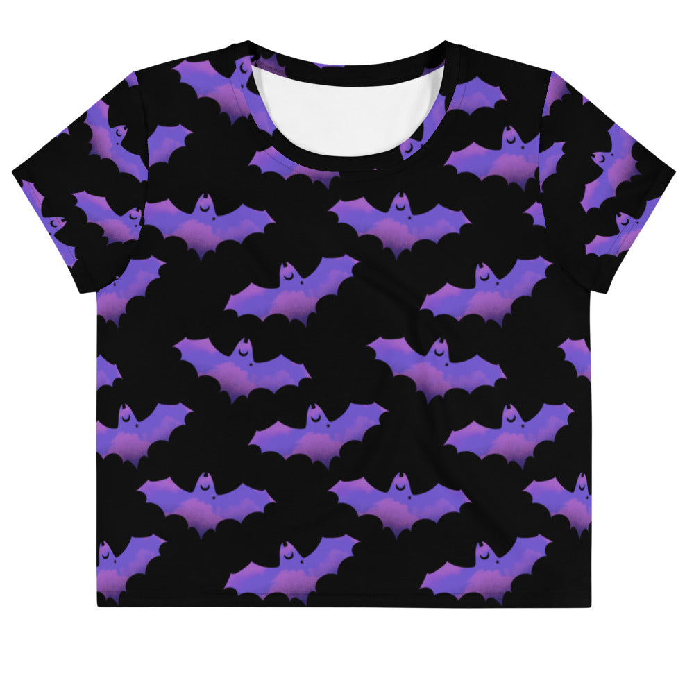 Stylish Morrigan Crop Top featuring a vibrant bat print, perfect for gym or casual wear. Versatile and comfortable.