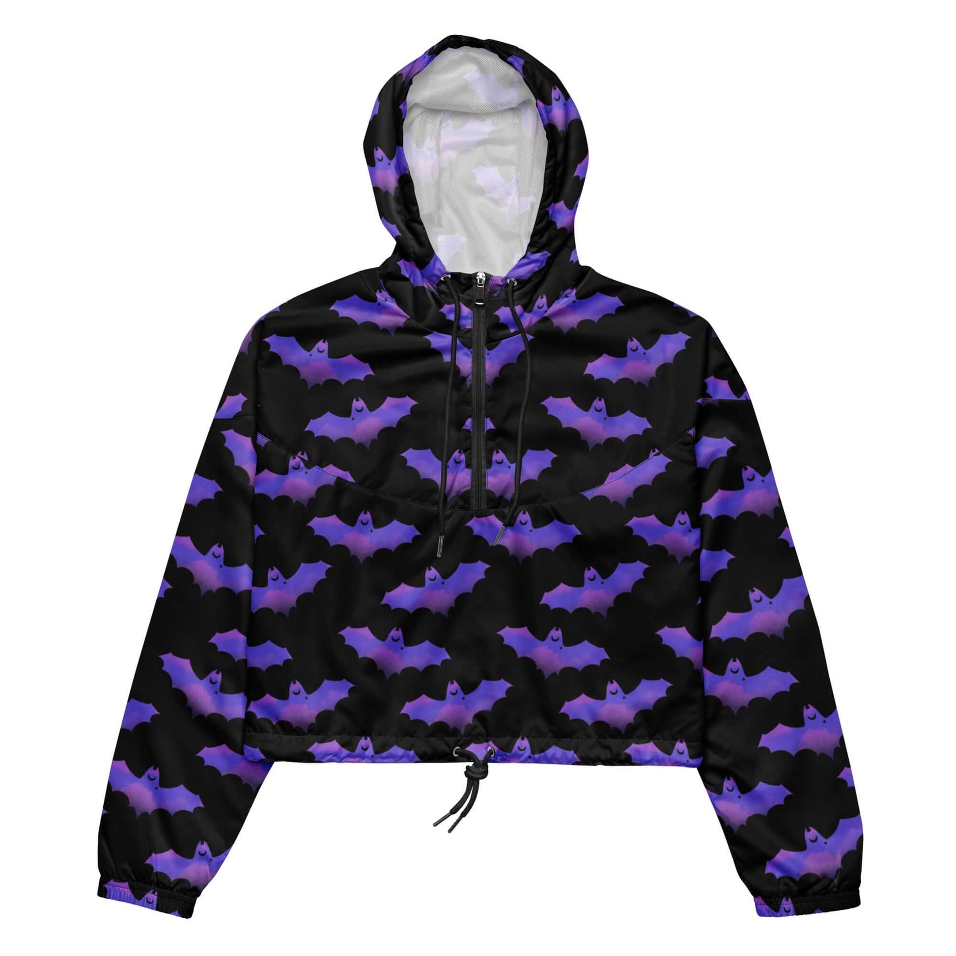 Stylish Morrigan cropped windbreaker with bat print, perfect for adventures in any weather. Lightweight and waterproof.