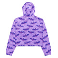 Stylish Morrigan cropped windbreaker in purple bat print, perfect for lightweight, waterproof adventures.