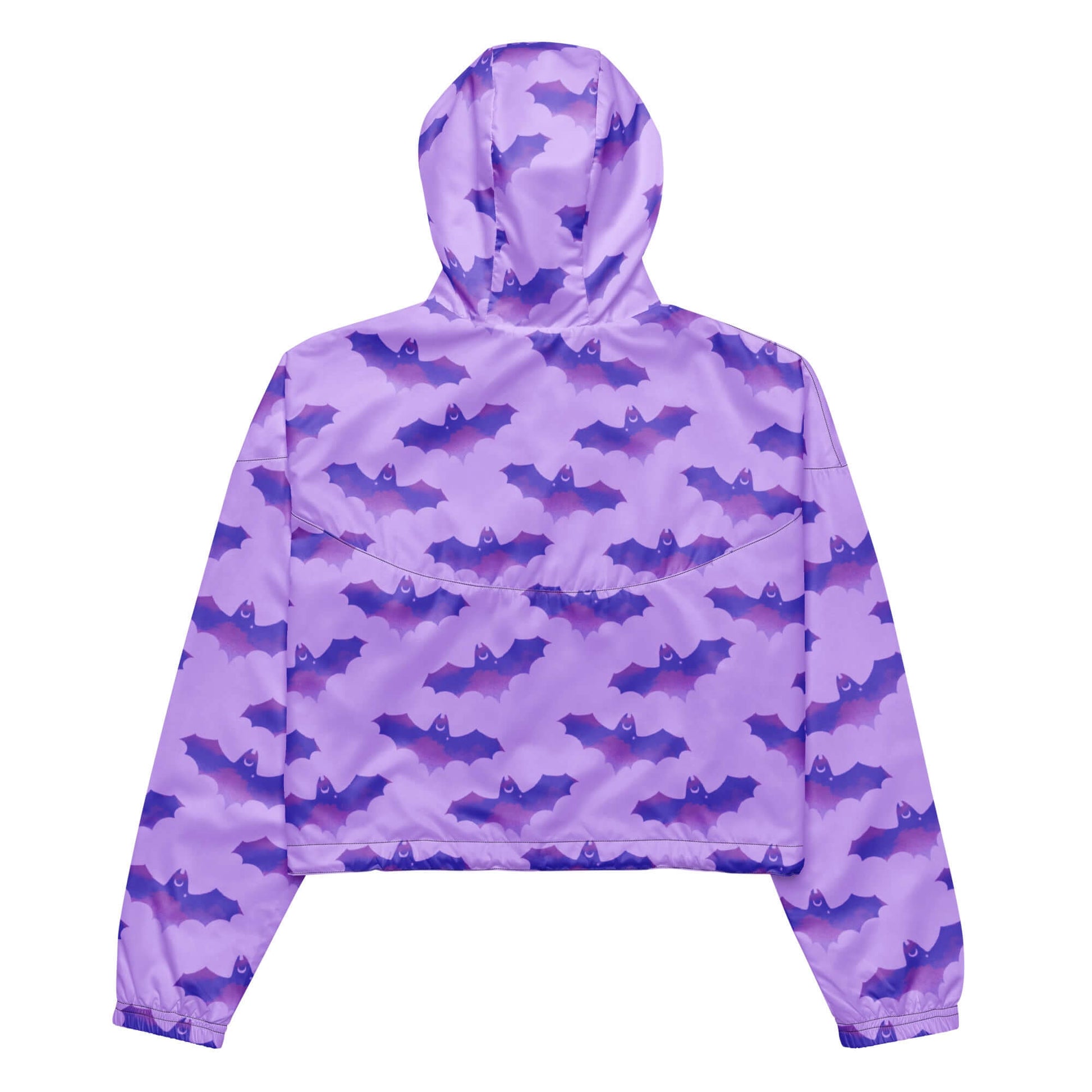 Stylish Morrigan cropped windbreaker in purple bat print, perfect for lightweight, waterproof adventures.