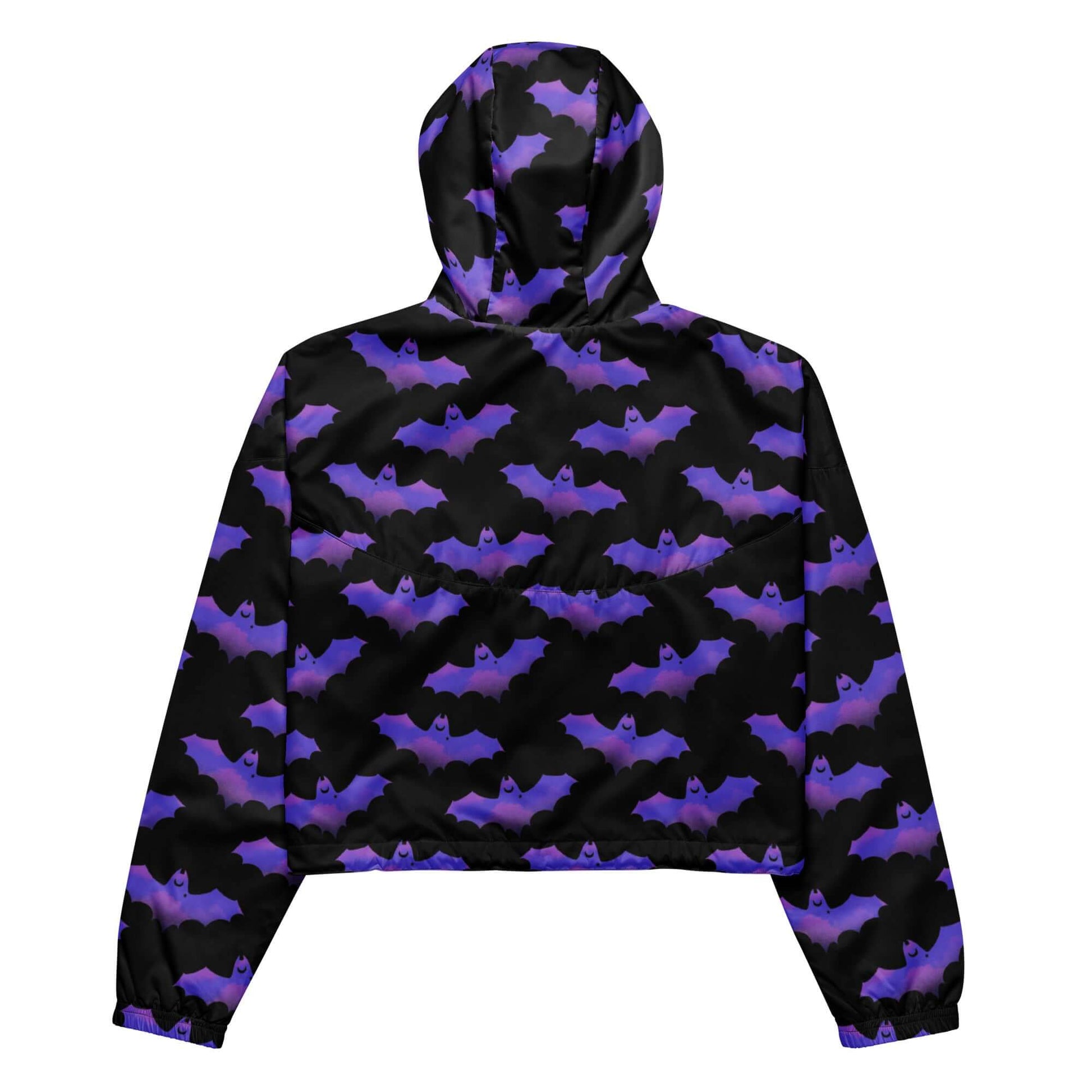 Lightweight Morrigan cropped windbreaker with bat print, perfect for adventures while keeping you stylish and dry.