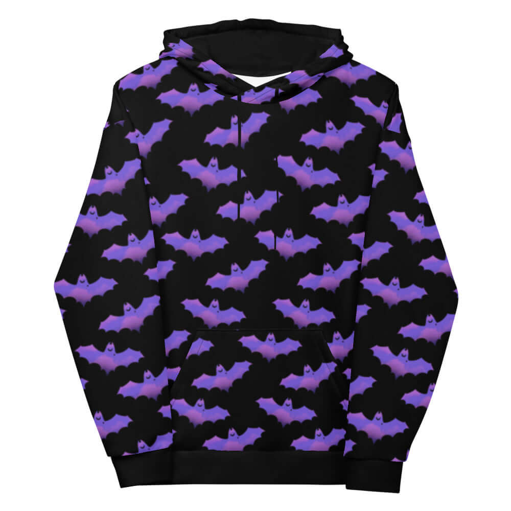 Cozy Morrigan Hoodie featuring vibrant bat patterns, perfect for fans of bats and demons. Ideal unisex wardrobe staple.