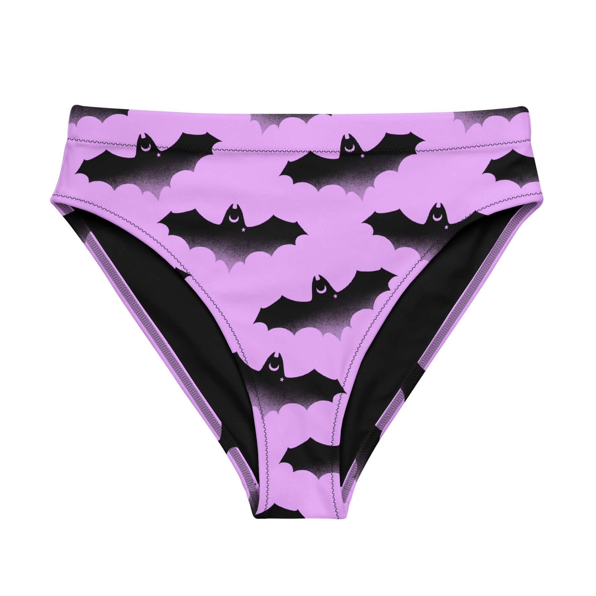 Stylish High-waisted Aensland Bikini Bottom featuring a unique bat print, perfect for beach adventures.