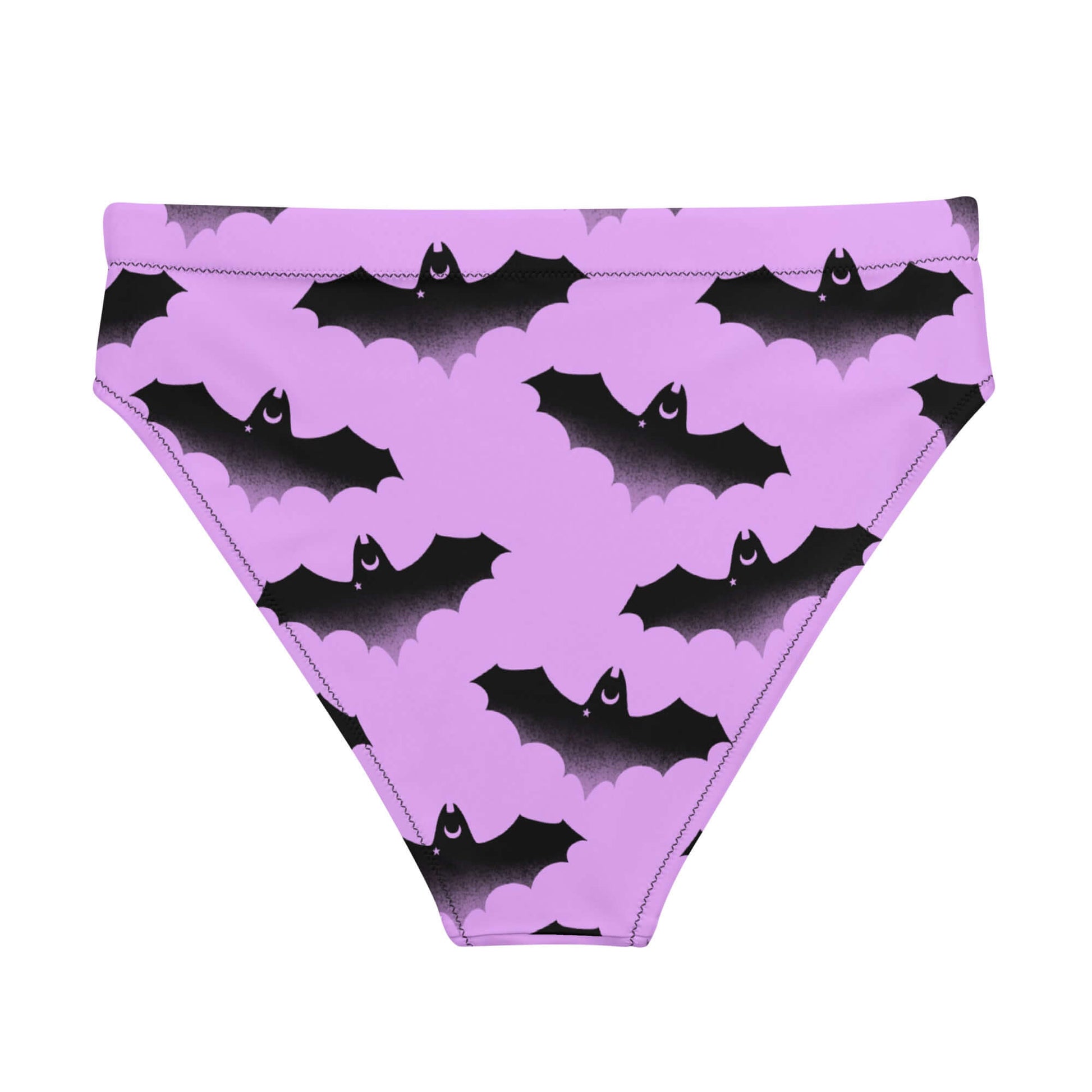 Morrigan-inspired High-waisted Aensland Bikini Bottom in playful bat print, perfect for beach comfort and style.