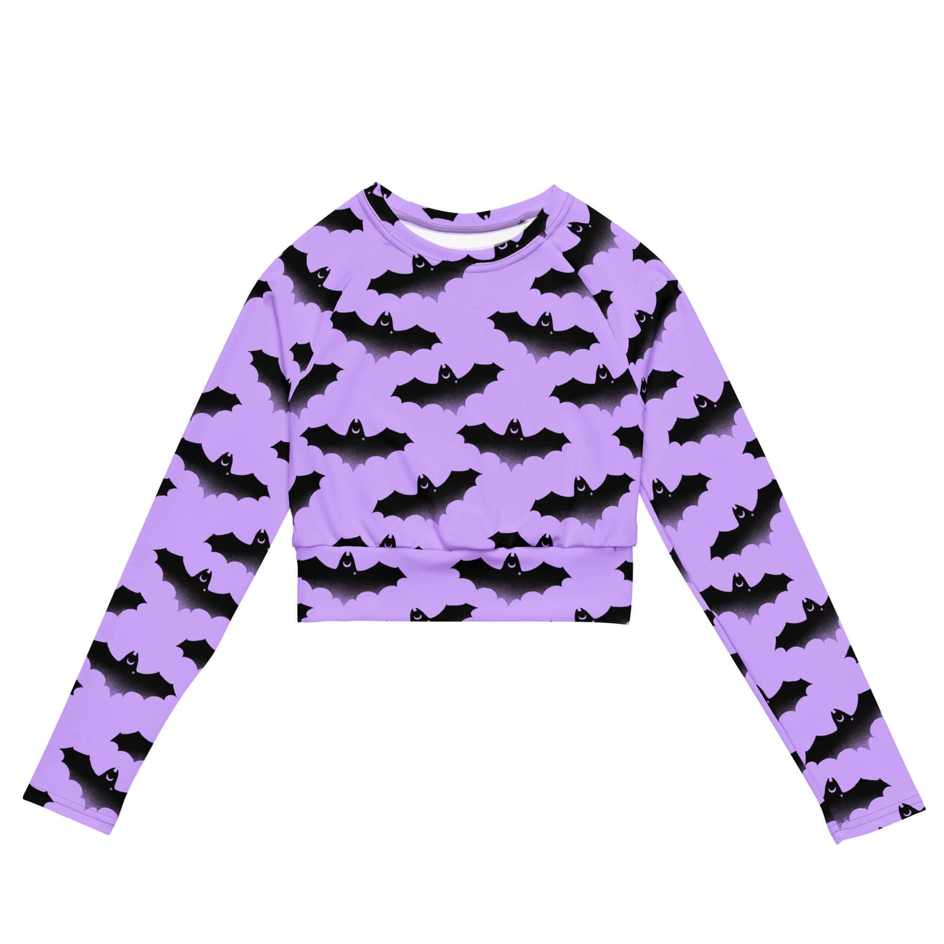 Morrigan Long-sleeved Crop Top in purple bat print, eco-friendly for athleisure and sportswear. Perfect for stylish comfort.