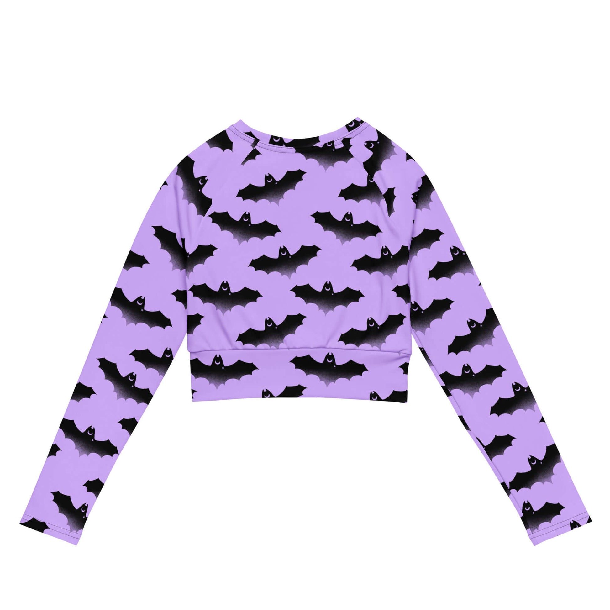 Morrigan Long-sleeved Crop Top featuring a stylish bat print, perfect for eco-friendly athleisure wear.
