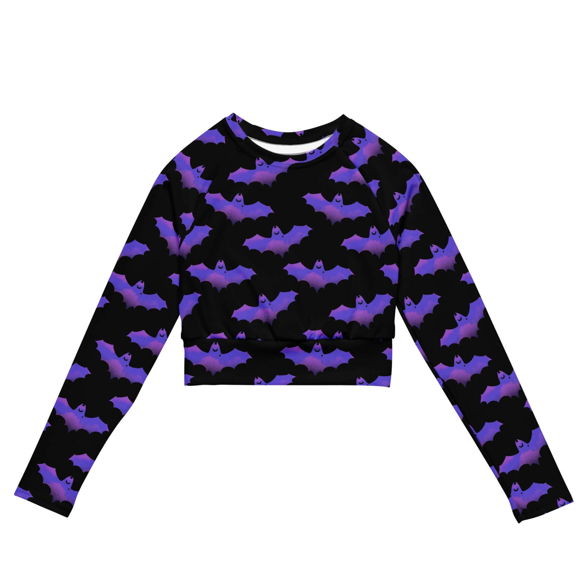 Morrigan Long-sleeved Crop Top features a stylish bat print, perfect for eco-friendly athleisure and sportswear.