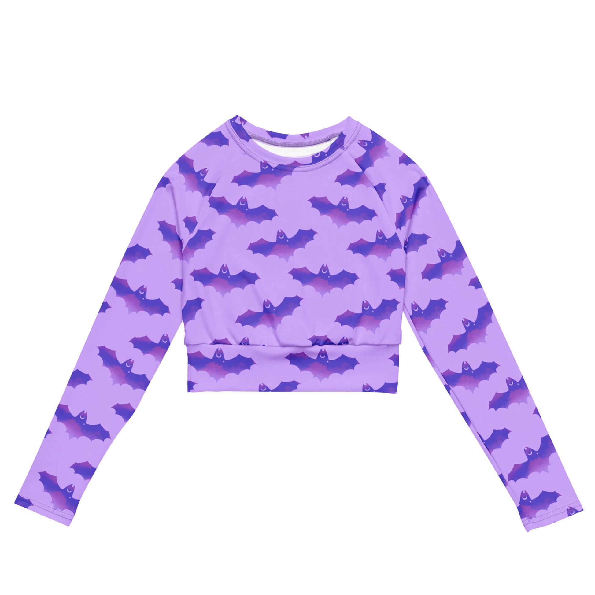 Morrigan Long-sleeved Crop Top in purple bat print, eco-friendly for sports and athleisure. Comfortable fit and stylish.