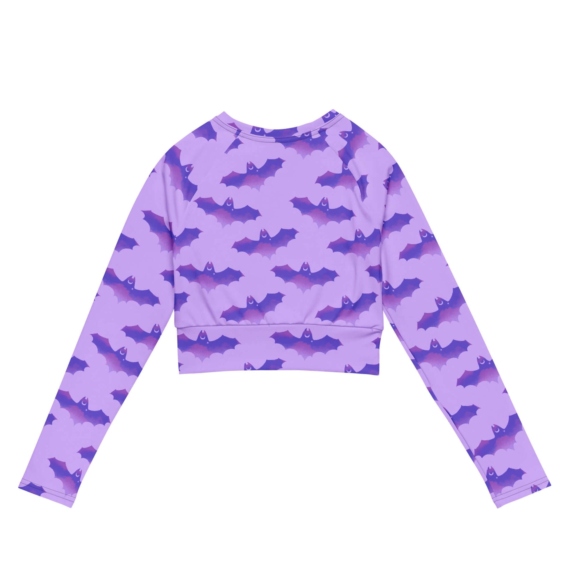 Stylish Morrigan Long-sleeved Crop Top in purple bat print, perfect for eco-friendly athleisure and sportswear.
