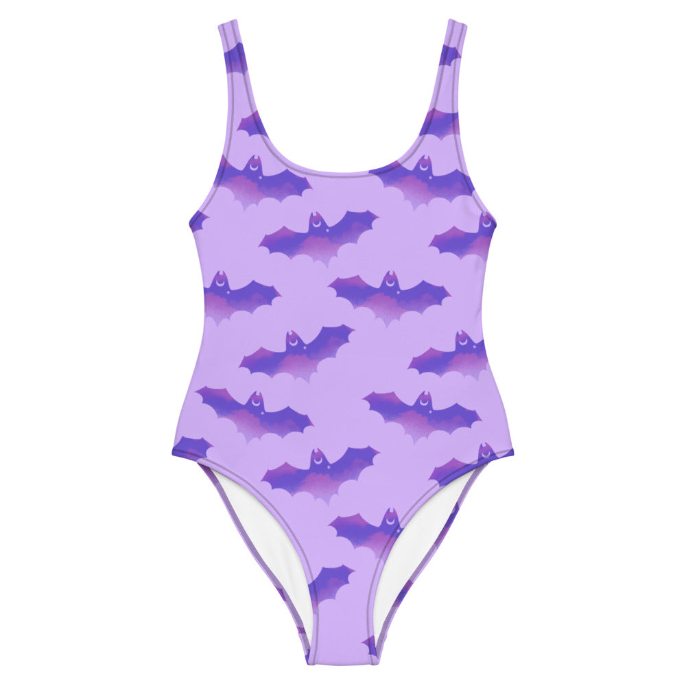 Shop the Morrigan One-Piece Swimsuit featuring a fun bat design, perfect for showcasing your unique style.