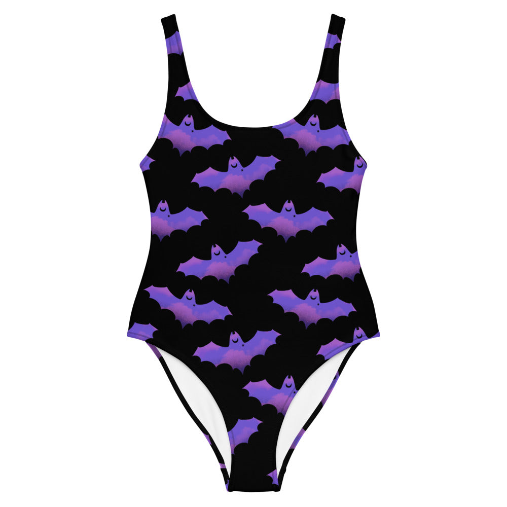 Morrigan One-Piece Swimsuit featuring a playful bat design, perfect for showcasing your unique style this summer.