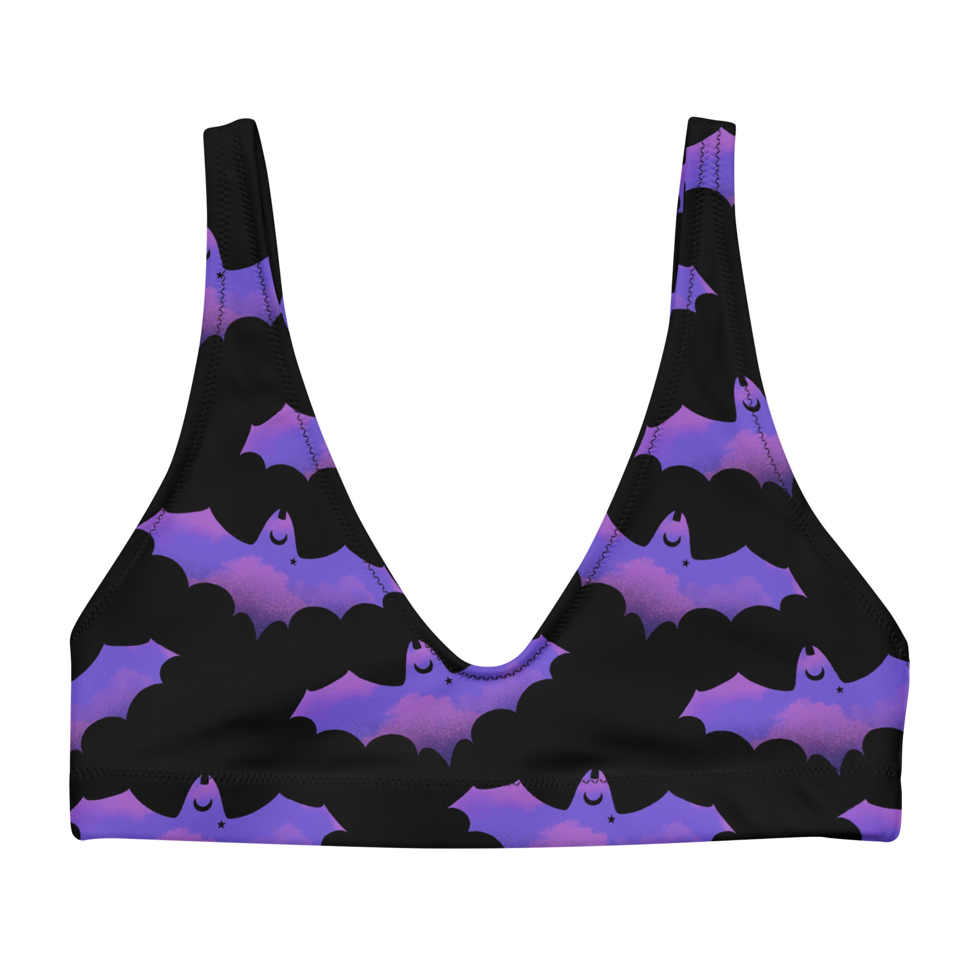 Stylish Morrigan Padded Bikini Top featuring a fun bat design, perfect for sunny beach outings. Comfortable and versatile!