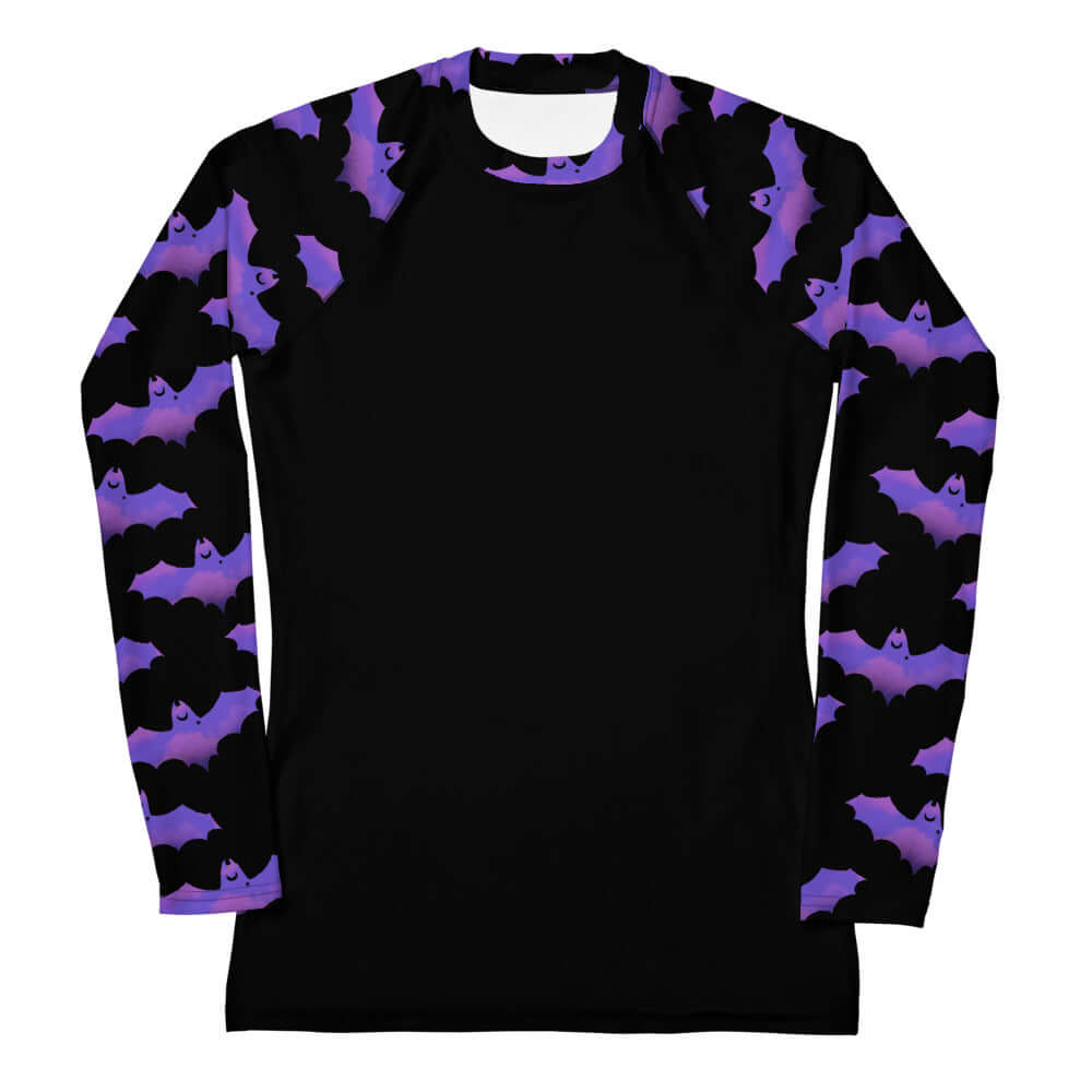 Morrigan Rash Guard features a unique bat design, perfect for active wear in any outdoor sport. Stay protected and stylish!