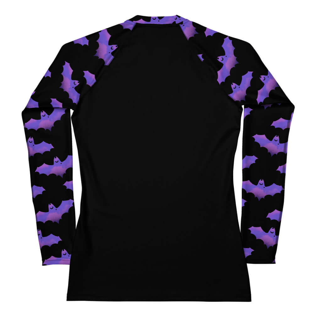 Morrigan Rash Guard features a vibrant bat design, perfect for active days in sun and wind. Stylish and comfortable fit.