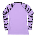 Morrigan Rash Guard features a stylish bat print design, perfect for active outdoor sports and sun protection.