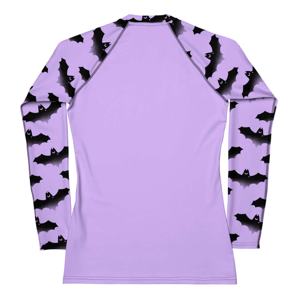 Morrigan Rash Guard features a stylish bat print design, perfect for active outdoor sports and sun protection.