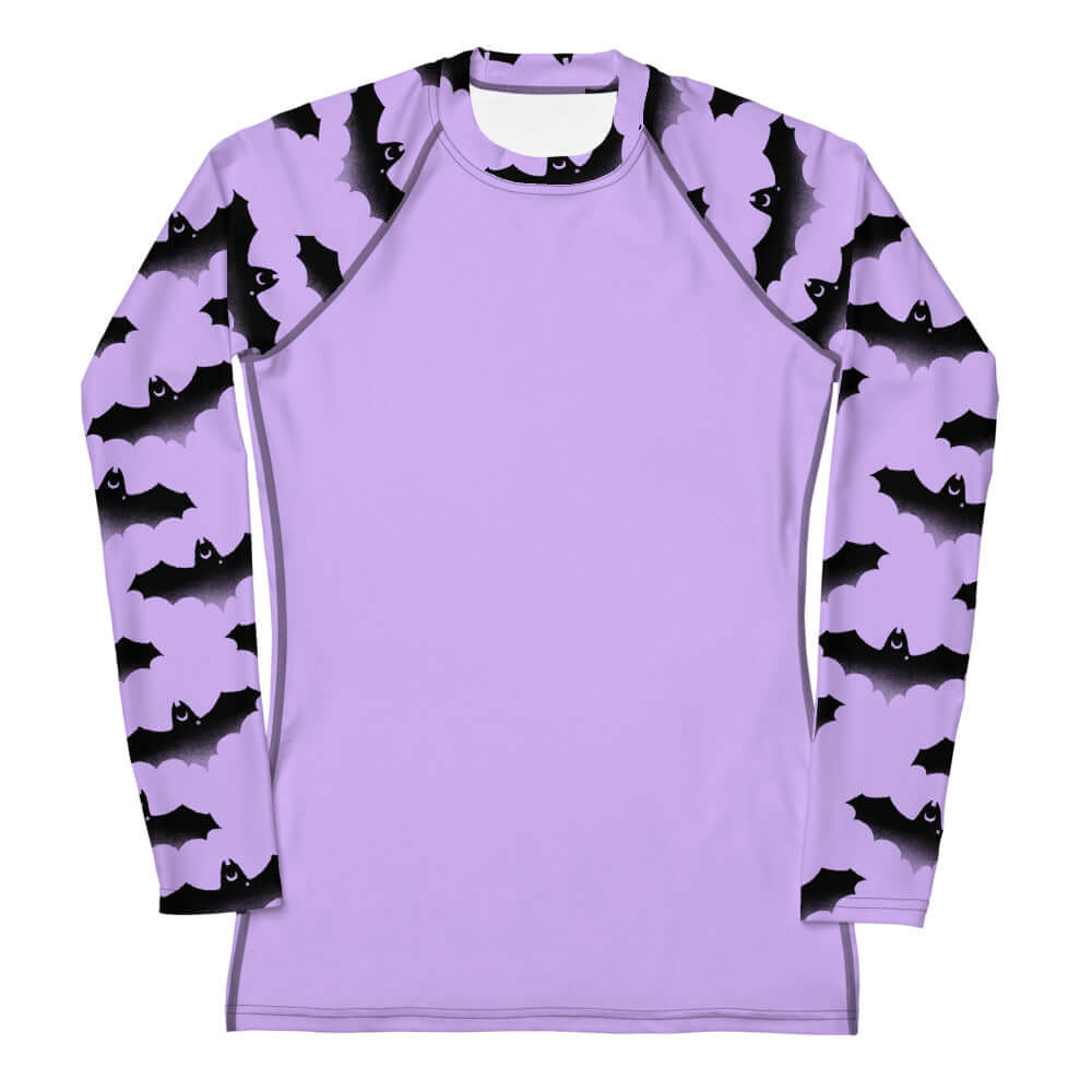 Morrigan Rash Guard in purple with bat designs, perfect for active wear and sun protection during sports.