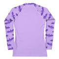 Morrigan Rash Guard in lavender features bat print sleeves, ideal for active sports and sun protection.