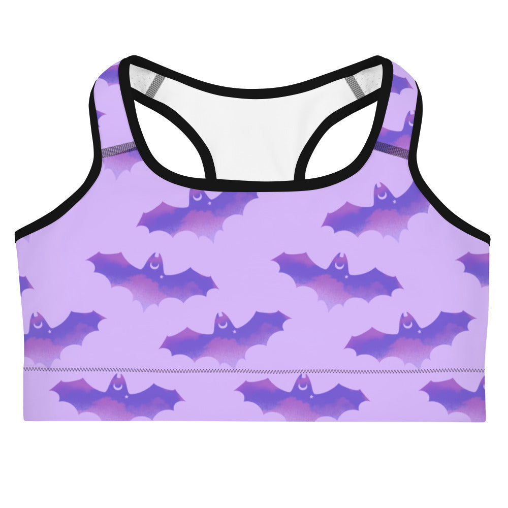 Morrigan Sports bra in purple with bat print offers style and support for your workout motivation. Perfect for gym sessions!