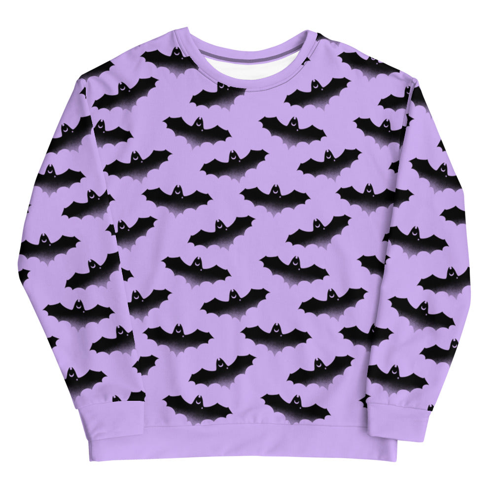 Cozy Morrigan Sweatshirt featuring a playful bat design, perfect for stylish warmth any time of year.