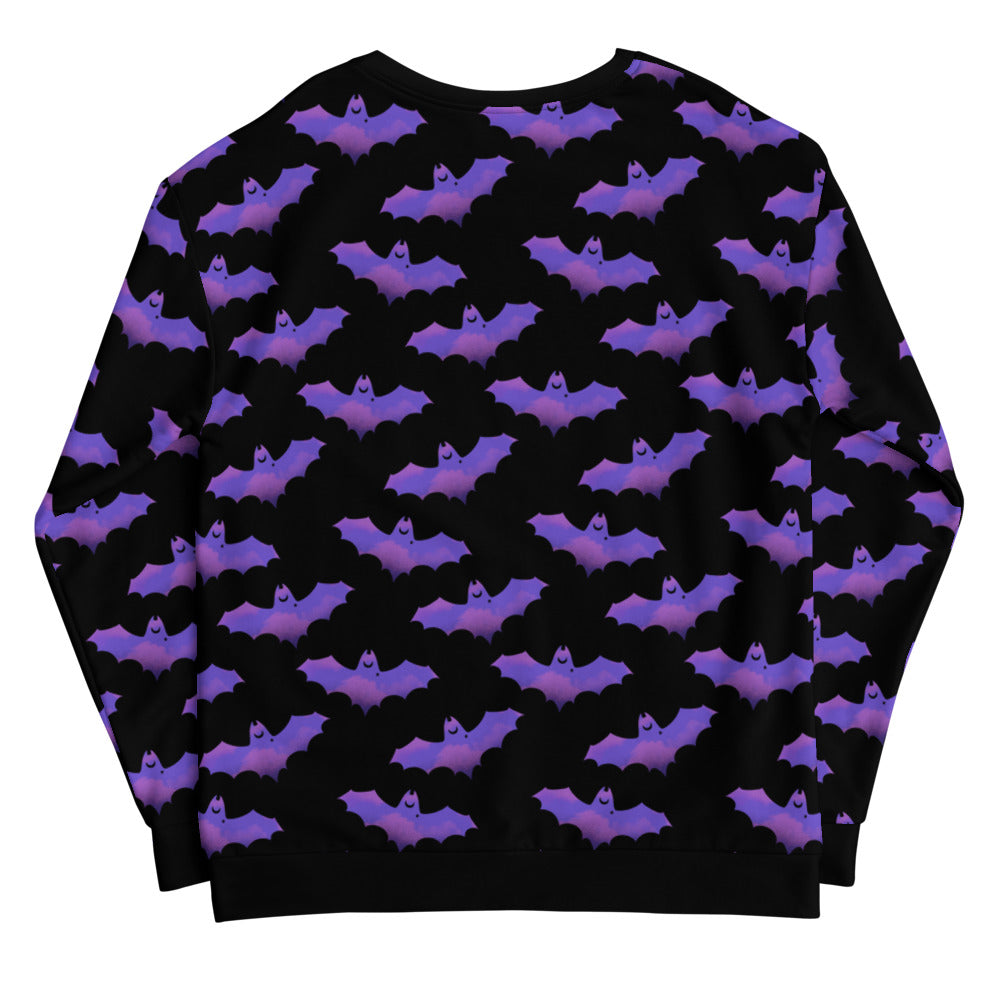 Cozy Morrigan Sweatshirt featuring a playful bat print, perfect for stylish warmth any time of year.