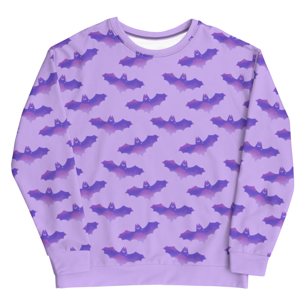 Cozy purple Morrigan Sweatshirt featuring playful bat designs, perfect for chilly nights. A must-have for bat enthusiasts!