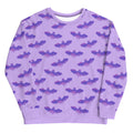 Cozy purple Morrigan Sweatshirt featuring playful bat designs, perfect for chilly nights. A must-have for bat enthusiasts!