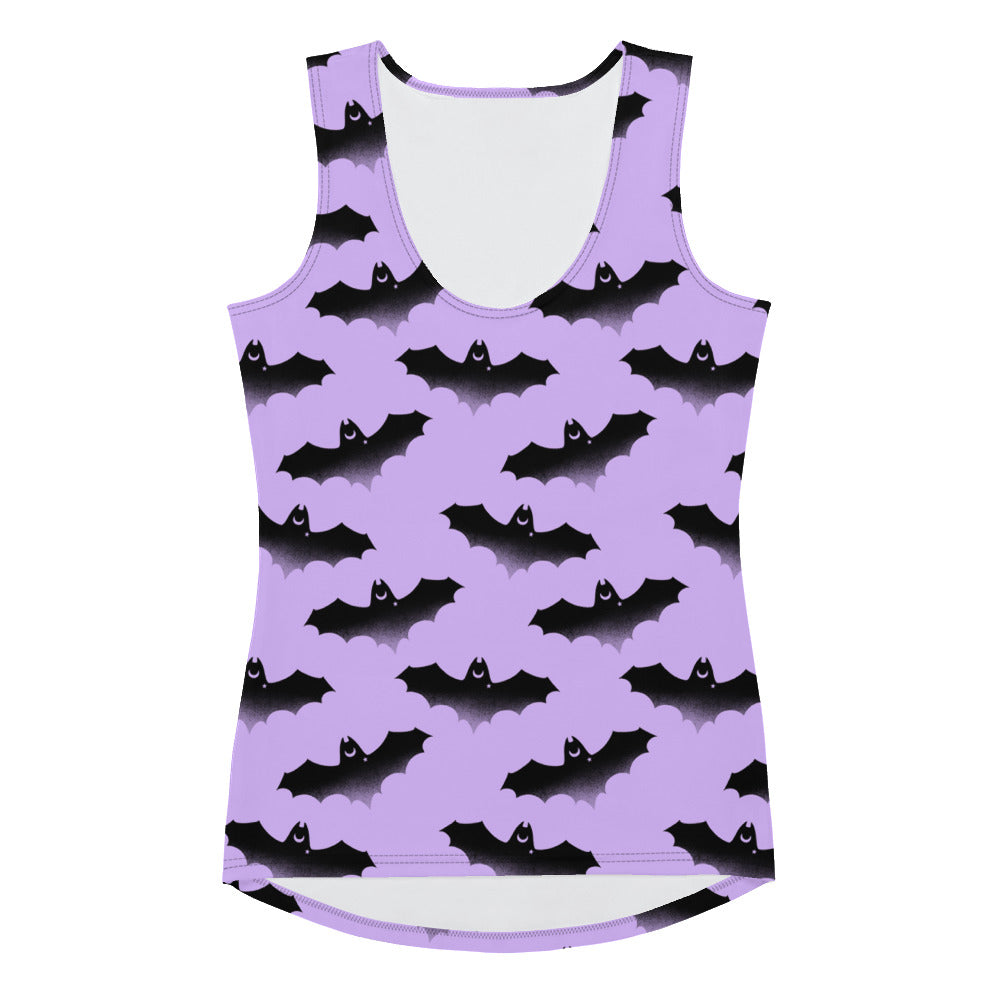 Morrigan Tank Top with a playful bat pattern, perfect for sunny days and a stylish, body-hugging fit.