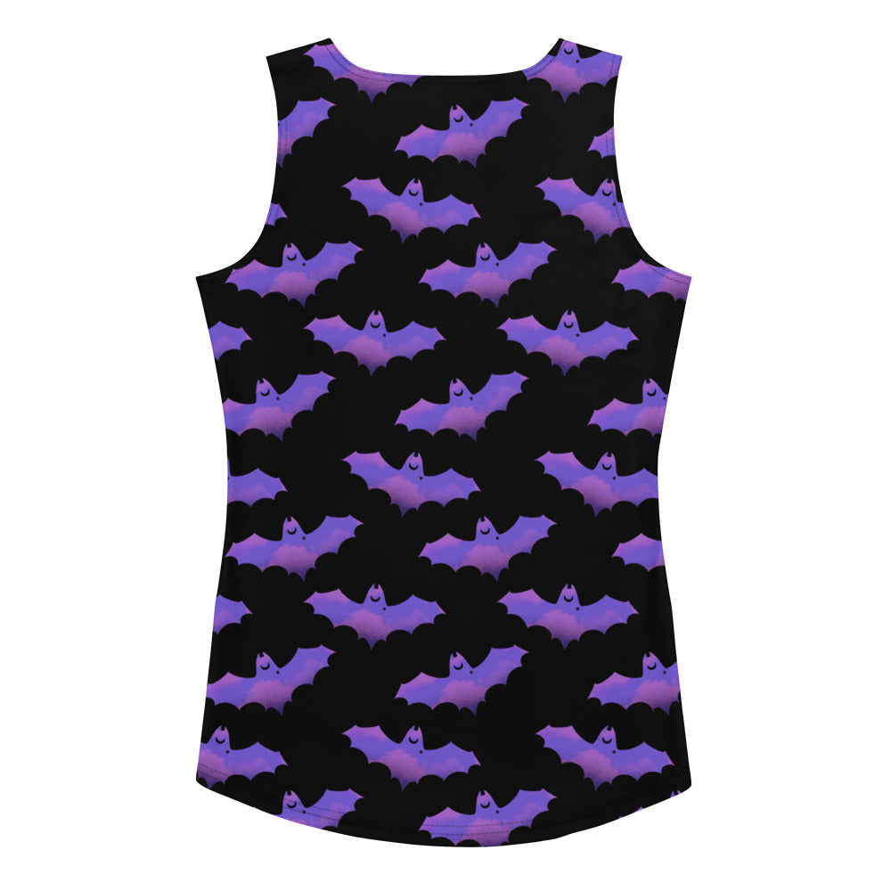 Stylish Morrigan Tank Top featuring a playful bat design, perfect for sunny days and a body-hugging fit.