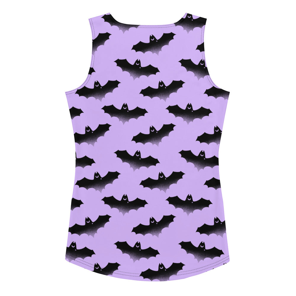Morrigan Tank Top featuring a playful bat design, perfect for sunny weather and a body-hugging fit.