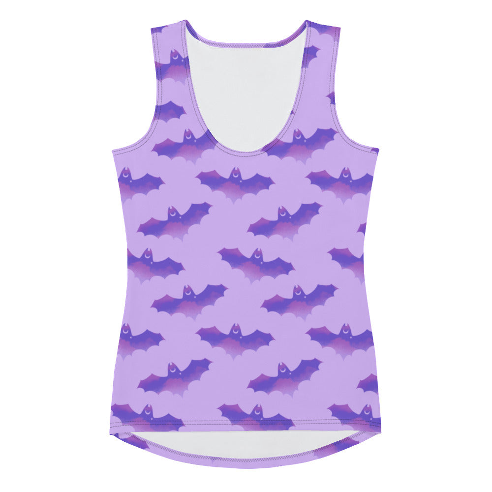 Morrigan Tank Top featuring a playful bat design, perfect for sunny weather and a stylish body-hugging fit.