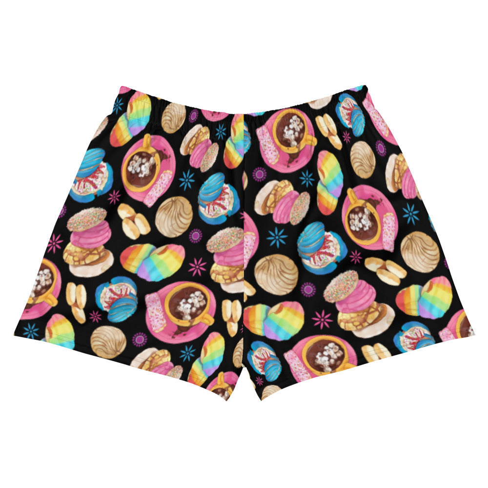 Colorful Pan Dulce Athletic Short Shorts featuring festive baked goods, perfect for comfort and style.