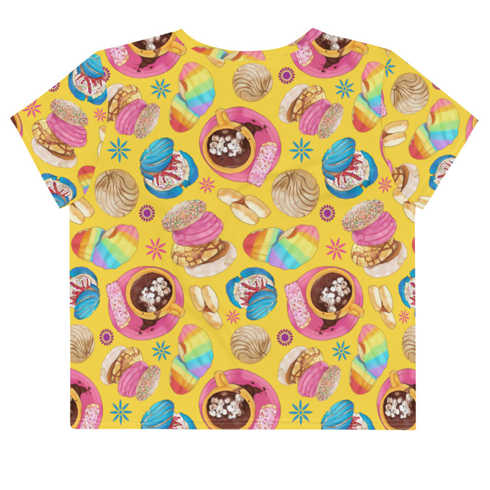 Bright and colorful Pan Dulce Crop Top featuring sweet pastries, perfect for adding a fun touch to any outfit.