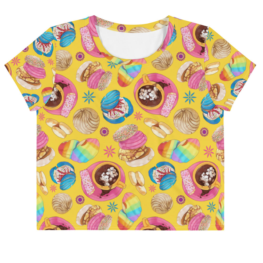 Bright and colorful Pan Dulce Crop Top featuring sweet pastries, perfect for sweetening up your wardrobe.