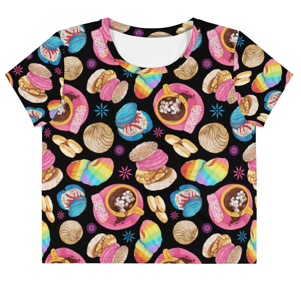 Bright and colorful Pan Dulce Crop Top featuring sweet pastries, perfect for adding charm to any outfit.