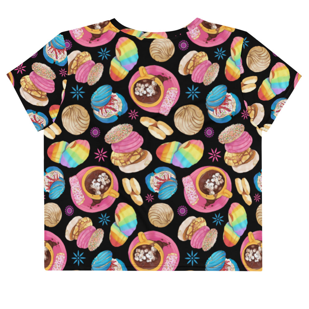 Bright and colorful Pan Dulce Crop Top featuring sweet pastries, perfect for adding a playful touch to your outfit.