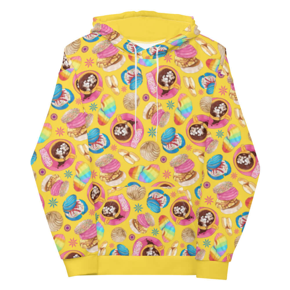 Bright and colorful Pan Dulce Hoodie featuring vibrant baked goods print, perfect for sweetening up your style.