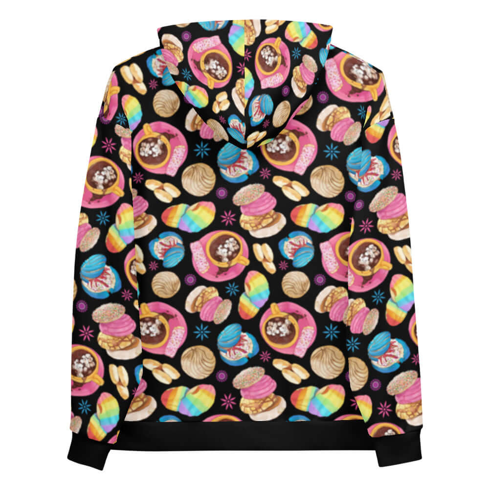 Colorful Pan Dulce Hoodie featuring vibrant baked goods print, perfect for showing off your sweet style.