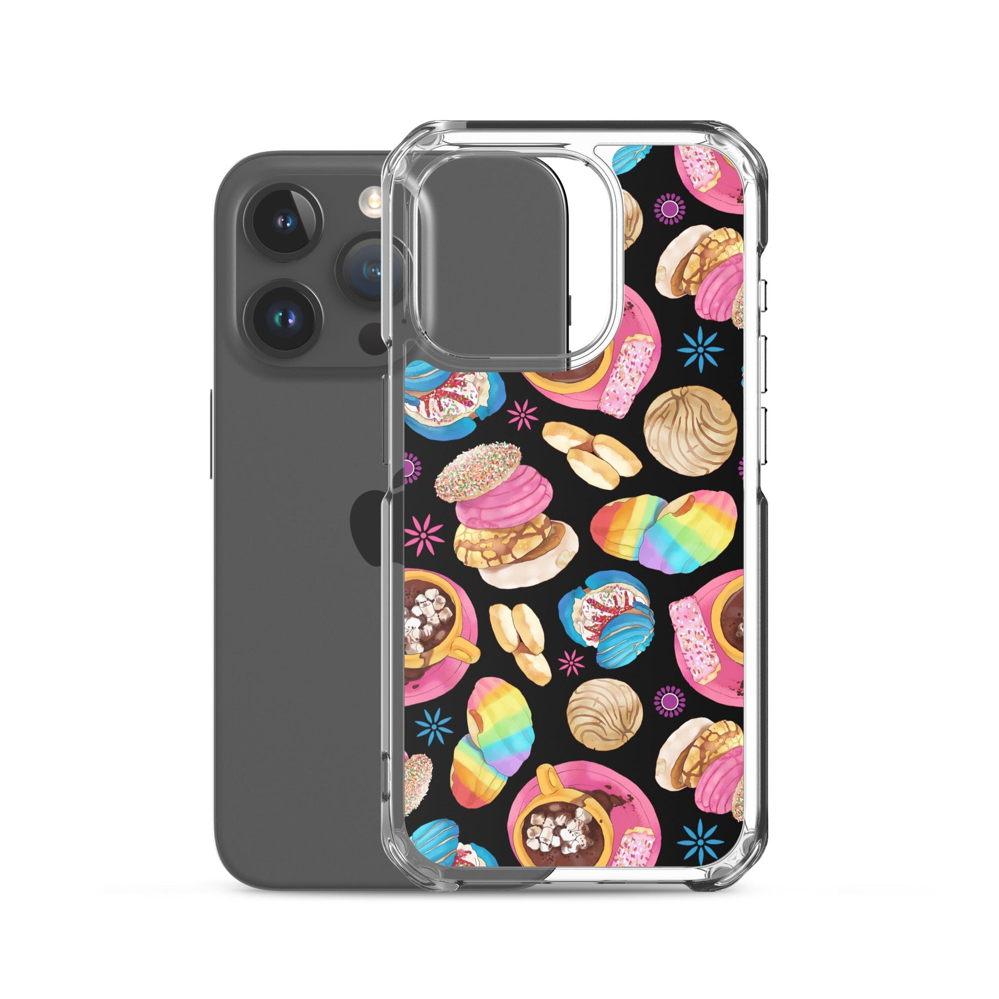 Stylish Pan Dulce iPhone® Clear Case showcasing colorful pastries, offering protection from scratches and dirt.