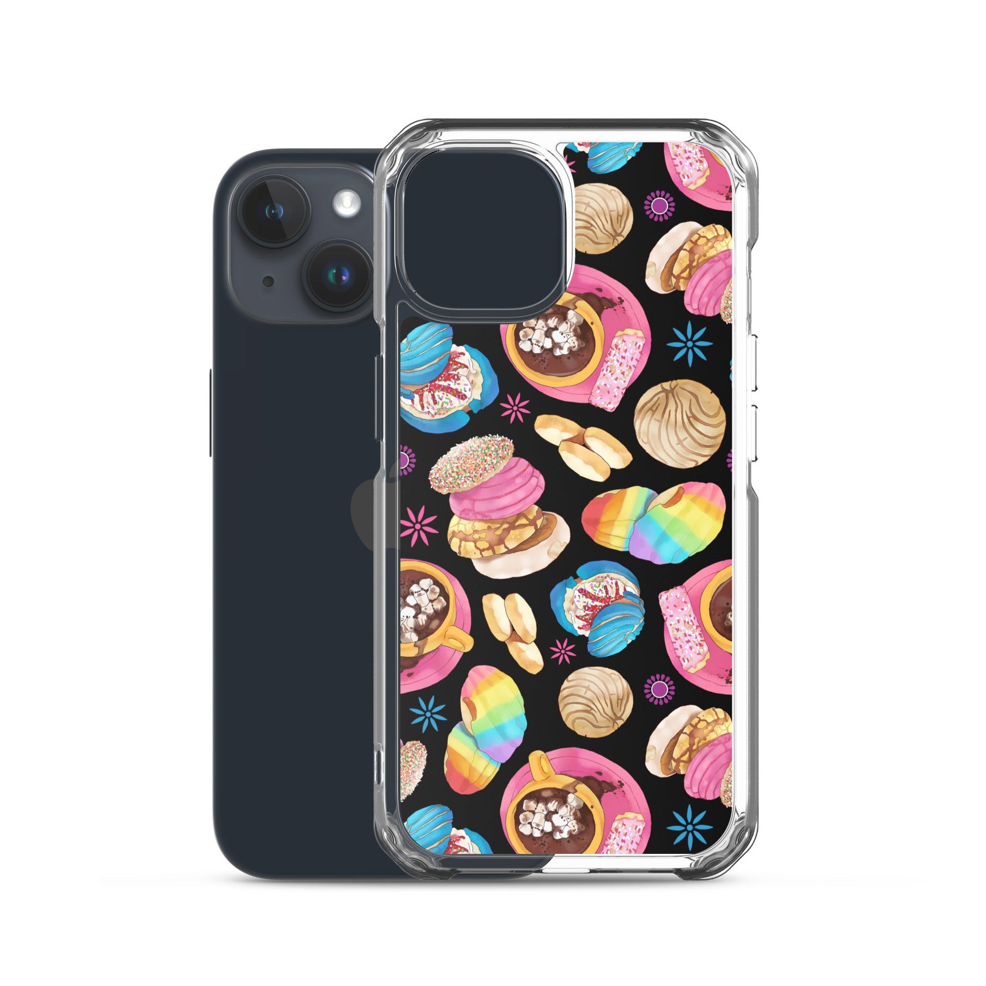 Pan Dulce iPhone® Clear Case featuring colorful pastries, offers protection against scratches and easy access to ports.