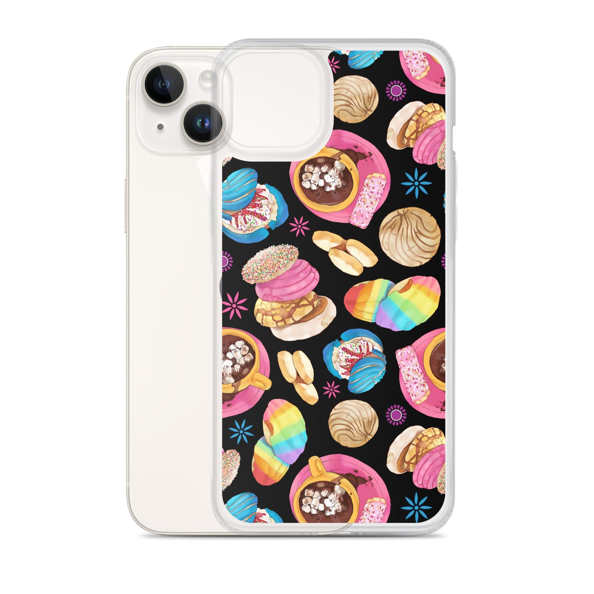 Sleek Pan Dulce iPhone® Clear Case featuring vibrant dessert designs, offering protection from scratches and dirt.