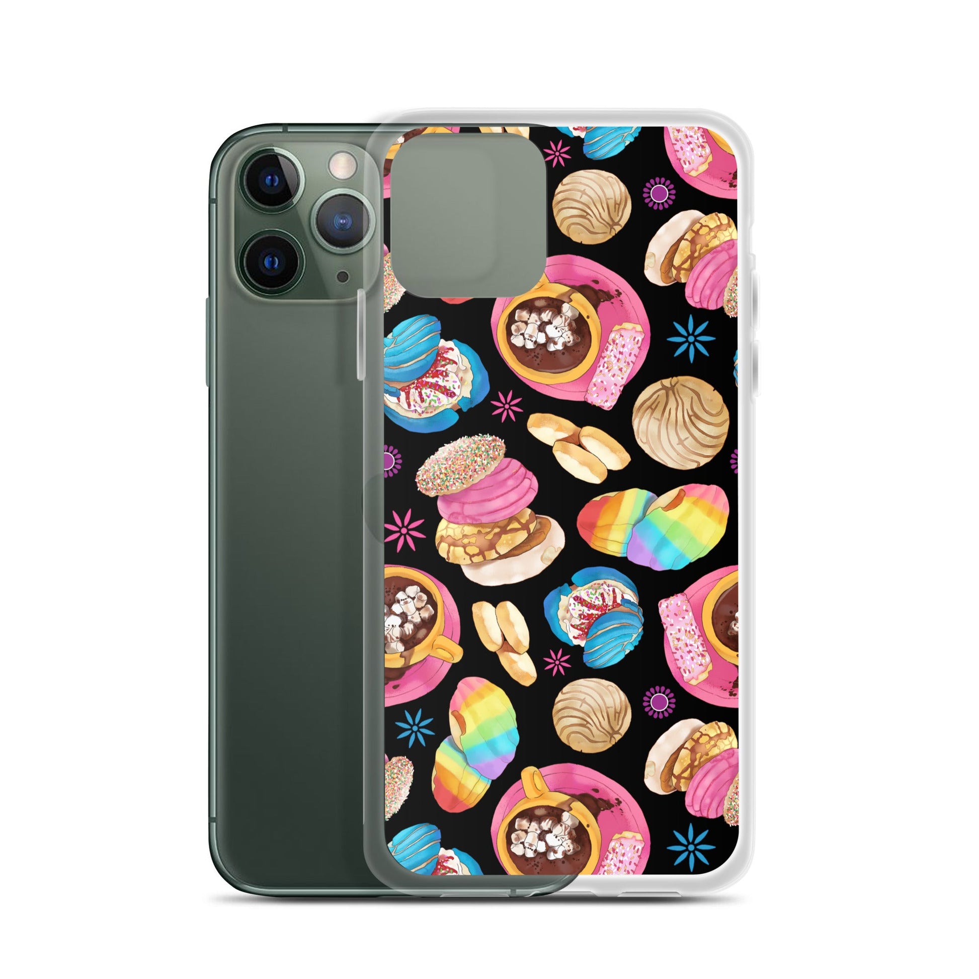 Sleek Pan Dulce iPhone® Clear Case featuring colorful pastries, offering protection from scratches and dirt.