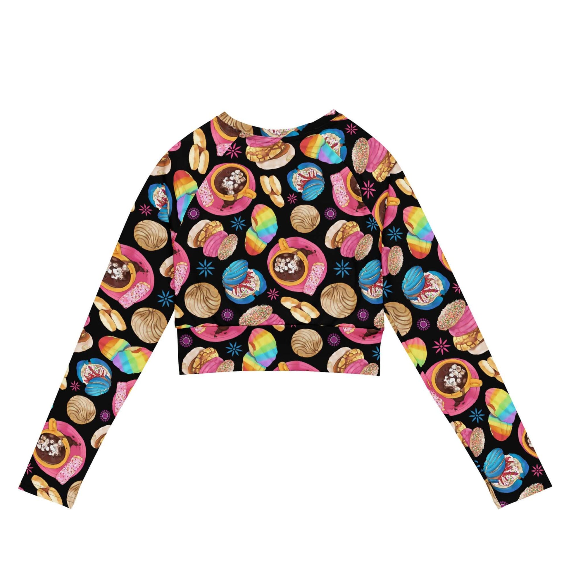 Colorful Pan Dulce Long-sleeved Crop Top made from recycled materials, perfect for eco-friendly athleisure.